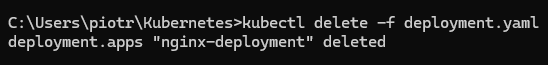 Wynik komendy kubectl delete -f deployment.yaml