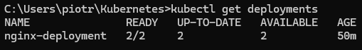 Wynik komendy kubectl get deployments