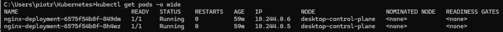 Wynik komendy kubectl get pods -o wide