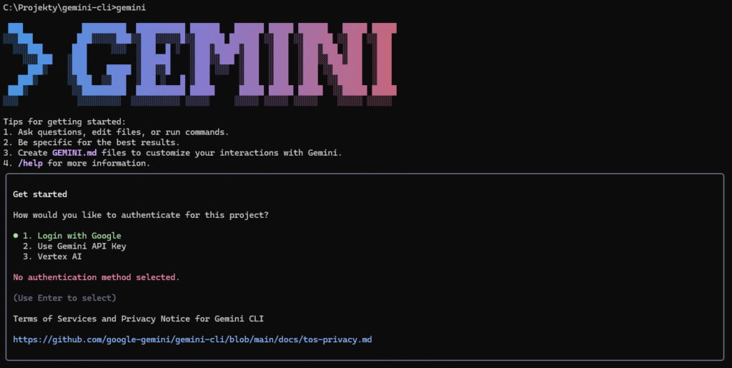 Widok na Gemini CLI z terminala