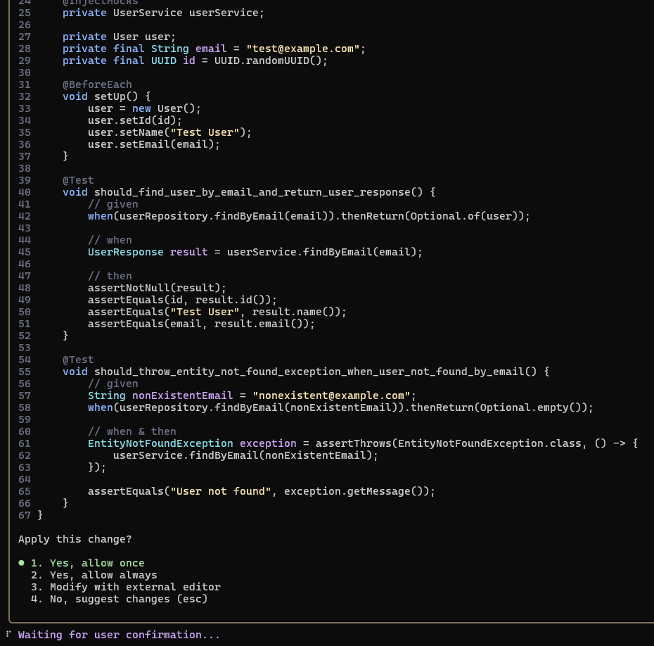 Prośba o potwierdzenie stworzenia pliku UserServiceTest wraz z testami