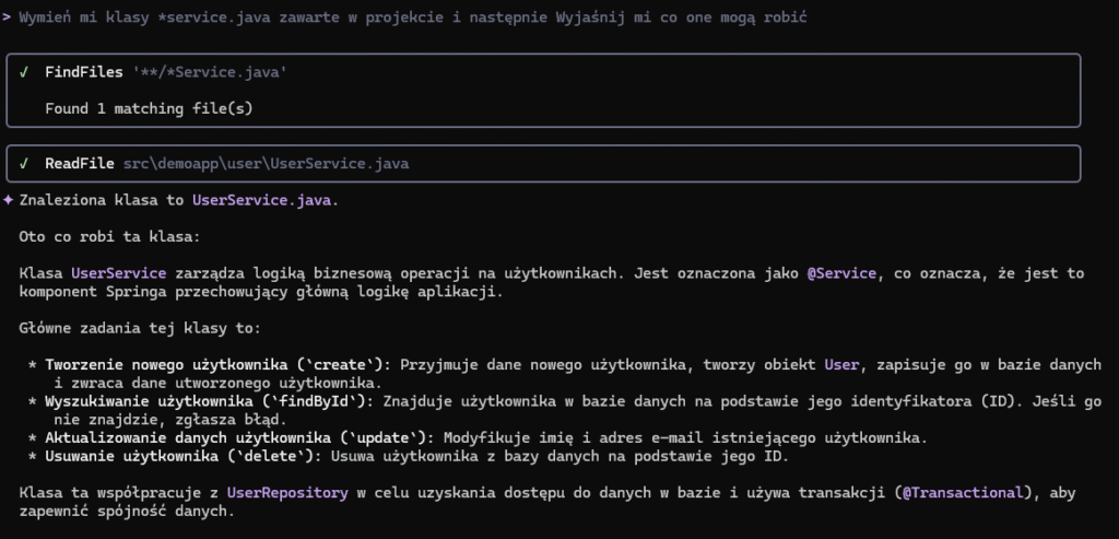 Wynik analizy projektu przez gemini cli