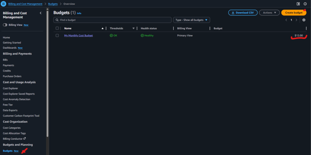 Widok na listę ustawionych budżetów na koncie w AWS