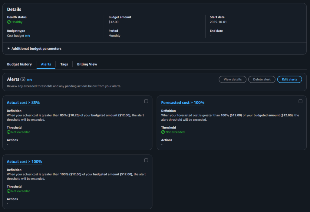 Widok na szczegóły budżetu w AWS